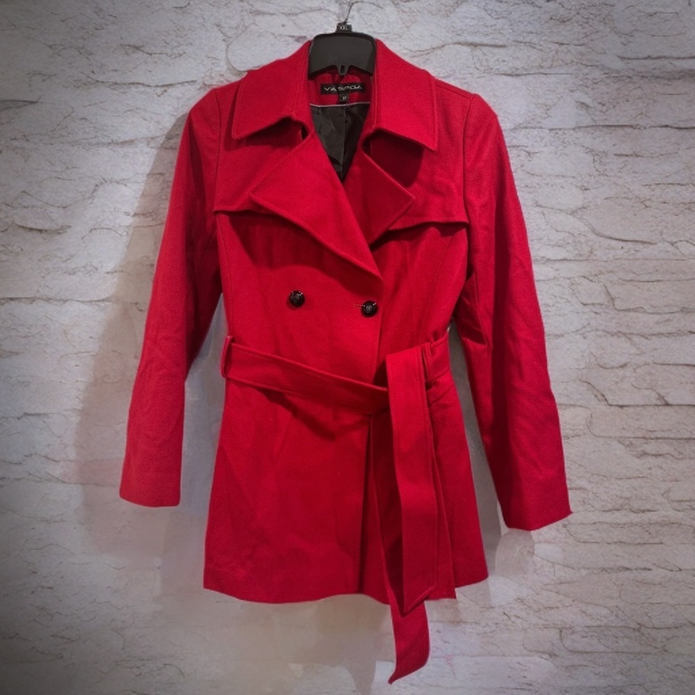 Via Spiga Wool Double Breasted Skirted Trench Coat in Bold Red Pleated Size 12 - Picture 15 of 16